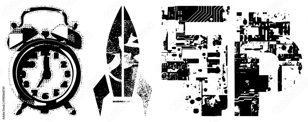 Fototapeta premium Stylized halftone alarm clock, ship, and circuit board, vector graphic, black and white, isolated elements, tech and time themes.