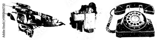 Retro ship, classic lighter, rotary telephone vintage tech symbols, nostalgic communication tools, analog era artifacts.