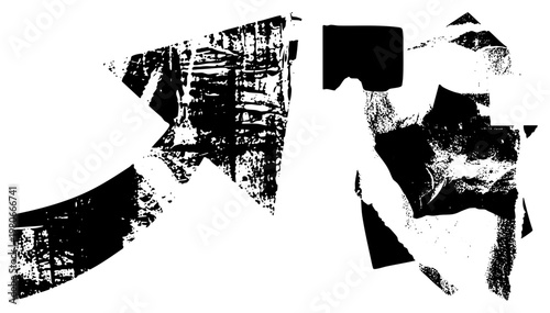 Fragmented typographic elements with distressed texture, bold black shapes, high contrast stencil style, isolated graphic elements for design.