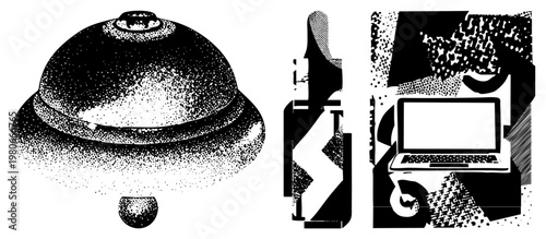 Graphic design featuring dome shaped object, chair, and laptop rendered in halftone style, black and white vector art, abstract composition, digital illustration.