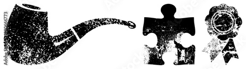 Distressed black silhouettes of smoking pipe, jigsaw puzzle, and award ribbon, retro vector, isolated graphic elements, textured design, symbolic.