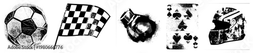Weathered soccer ball, racing checkered flag, worn boxing glove, spade playing cards, racing helmet all with gritty halftone texture. Sports and gaming with distressed aesthetic.
