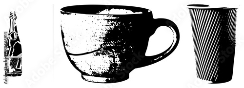 Retro styled halftone print of champagne bottle, coffee cup with foam, and striped tumbler classic drinkware, vintage graphic design, illustration.