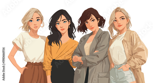 Four Young Women Standing Together in Modern Illustration Style