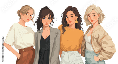 Four Young Women Standing Together in Modern Illustration Style