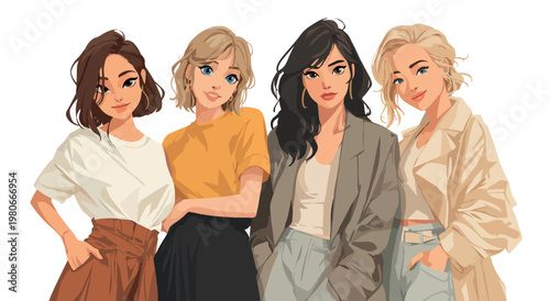 Four Young Women Standing Together in Modern Illustration Style