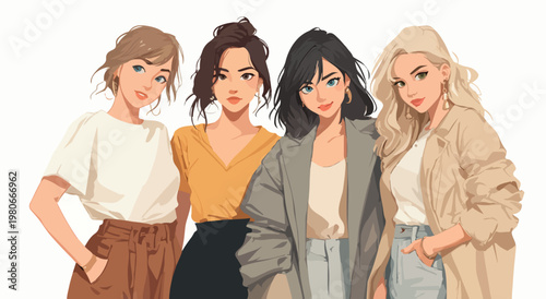 Four Young Women Standing Together in Modern Illustration Style