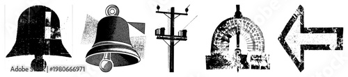Stylized vector bell with clapper, utility pole with, protractor measuring angle, directional arrow. halftone textures, isolated graphic elements.