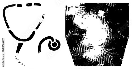 Medical stethoscope with textured, halftone portrait of patient, black and white vector, healthcare, diagnostic tool, medical illustration, patient profile.