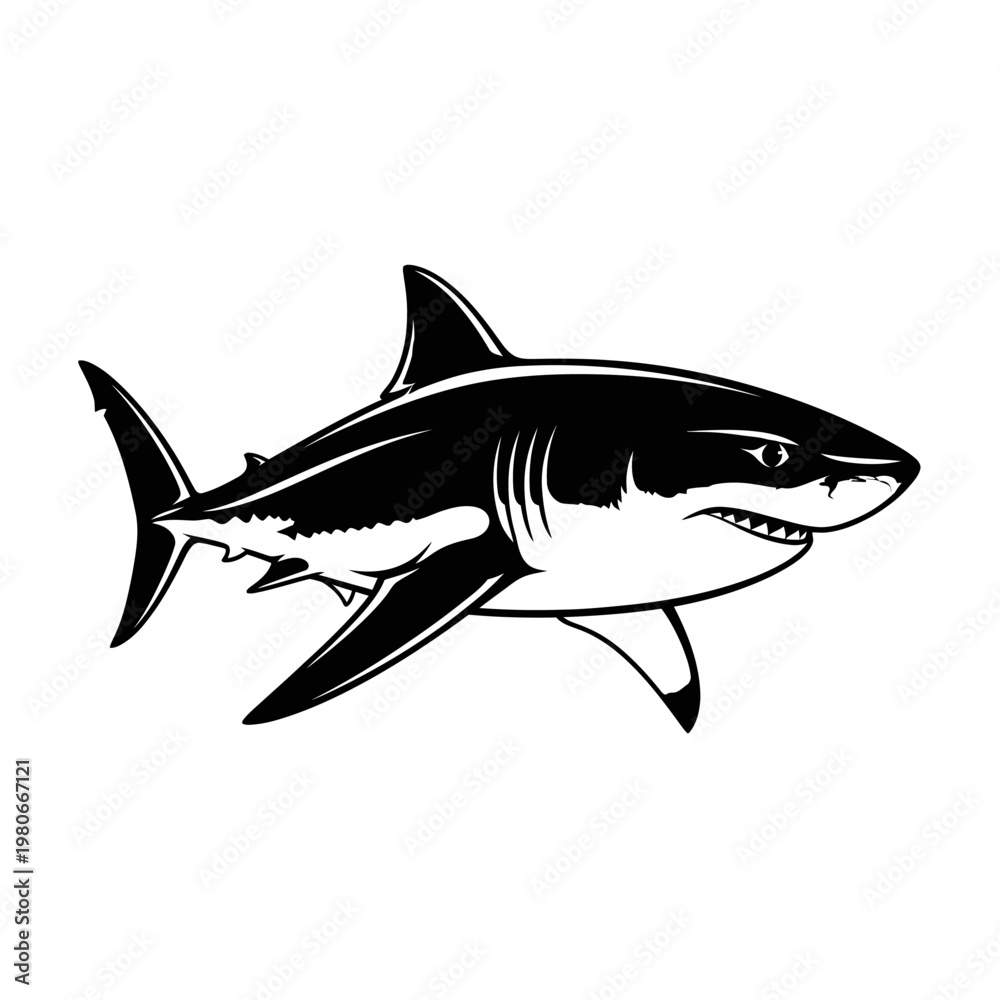 Fototapeta premium Black and white illustration of a great white shark.