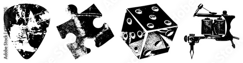 Guitar pick, puzzle piece, cheese cube, tattoo machine all rendered with gritty texture,, isolated foreground elements.
