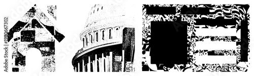 Abstract halftone buildings, architectural, graphic design elements, vector illustration, urban structures,, geometric forms.