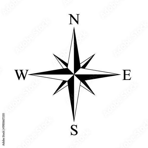 Black compass rose with cardinal directions N S E W.