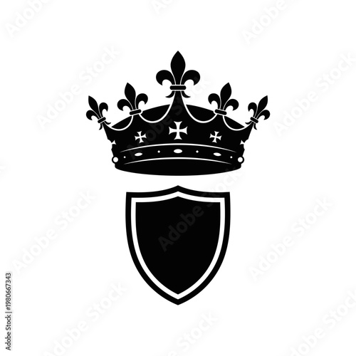 Black Crown and Shield Emblem Illustration.