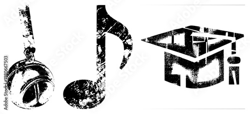 Stylized music symbols and academic cap rendered in distressed black and white, grungy texture, isolated for design, education, or entertainment themes.