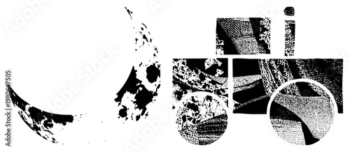 Black and white halftone design featuring fragmented geometric forms, stylized lettering, and varied dot textures, vector art for modern graphic use.