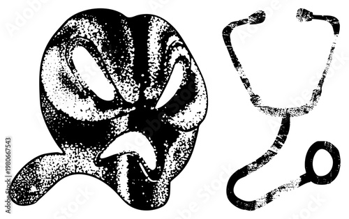 Black and white halftone medical mask and stethoscope, healthcare symbols, doctor’s tools, clinical, patient care equipment.