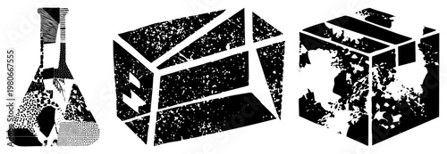 Stylized halftone form geometric shapes, including cubes and flasks, rendered in high contrast black and white, ideal for graphic design or digital art.