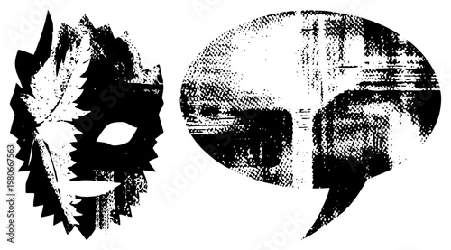 Graphic masks with halftone shading, one adorned with feather, both in black and white, vector art, isolated design elements.