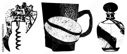 Classic corkscrew opener, coffee bean in mug, perfume bottle halftone vector, black and white, isolated, cutout, rgba