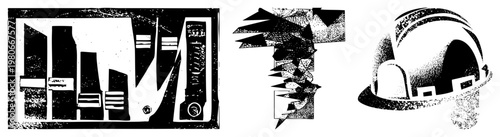 Stylized letterforms composed of fragmented shapes, halftone dot, bold, graphic design elements, typographic art.