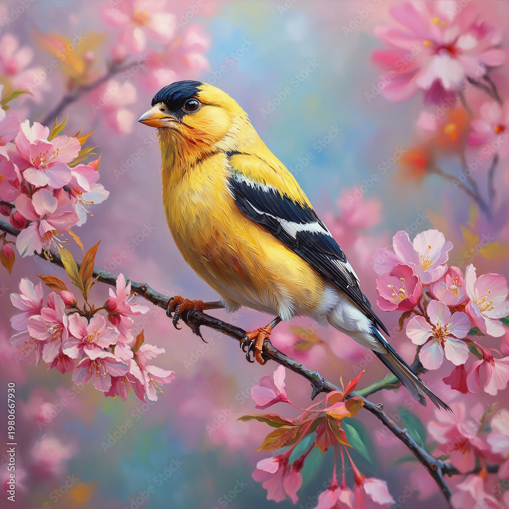 Obraz premium American Goldfinch on Cherry Blossom Branch Oil Painting