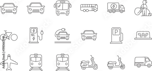 Minimalist transportation line icons set, urban vehicle and public transit vector collection, modern travel and mobility symbols for web design