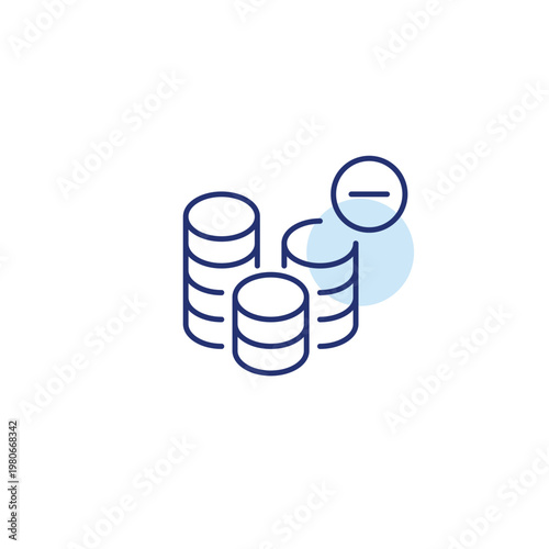 Lower balance, coins and minus. Savings problems. Pixel perfect, editable stroke vector icon