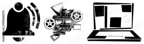 Classic film projector with reels, notification bell with sound waves, laptop screen with abstract blocks all stylized retro vector for, alerts, and digital interfaces.