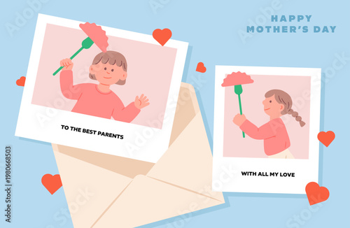 Children holding pink carnations in polaroid photo frame