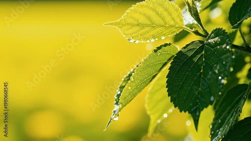 A close-up photograph showcases vibrant green leaves adorned with glistening water droplets against a blurred, sunny yellow background, highlighting the beauty of nature.
