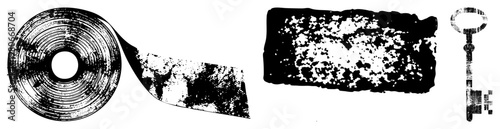 Antique key with ornate bow, distressed tape roll, weathered rectangular patch, halftone vector art, isolated foreground elements.