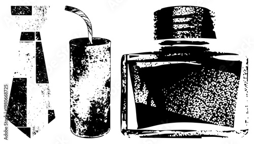 Graphic illustration of ink bottle, cocktail glass with straw, and necktie rendered in halftone dot, style, isolated design elements for branding or use.