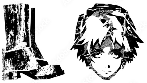 Manga inspired character portrait with spiky hair and halftone shading, paired with distressed boot silhouette, vector graphic, isolated elements for design use.