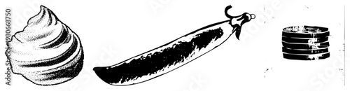 Black and white halftone illustrations swirl of whipped cream, curved sword with hilt, stack of discs. Vector graphic, isolated elements, flat style, graphic design assets.