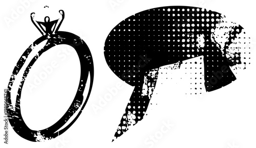 Classic engagement ring with crown setting and bridal hairstyle in distressed halftone, vector graphic, wedding, bridal symbols, minimalist black and white design.