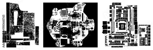 Fragmented motherboard pieces arranged abstractly, digital circuitry, electronic components, tech art, glitch aesthetic, vector cutout, isolated tech elements.