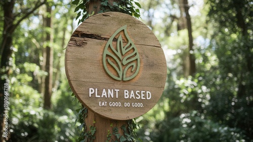 Sustainable lifestyle message on a rustic wooden sign in a lush natural forest environment