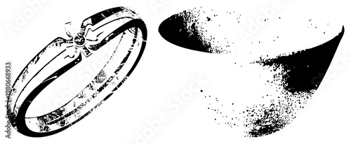 Black and white vector illustration of a classic solitaire ring with textured band and a dynamic halftone heart splash, ideal for wedding or romantic design projects.