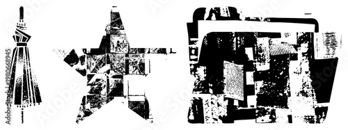 Fragmented star, umbrella, and architectural forms rendered in bold black and white halftone, stylized graphic elements, vector art, abstract composition, isolated design motifs.