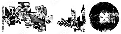 Abstract cityscape, architectural fragments, urban decay art, black and white vector, stylized, geometric ruins, graphic design element.