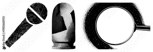 Classic microphone with textured, abstract sculpture in dot matrix style, magnifying glass with spray effect, black and white vector art, isolated foreground elements.