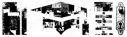 Fragmented geometric shapes with halftone texture, abstract composition, graphic design elements, vector art, black and white, digital illustration, modern art motif.