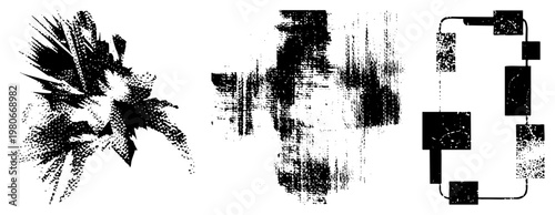 Stylized halftone graphic with explosive spray shapes and rectangular blocks, vector art, high contrast, digital glitch texture.