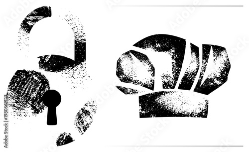 Graphic lock and clenched fist rendered in halftone dot, bold vector design, security and power symbols, isolated elements.