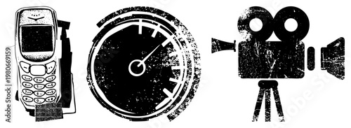 Retro mobile phone, analog speed gauge, classic movie camera, distressed vector, tech nostalgia, equipment, graphic design.