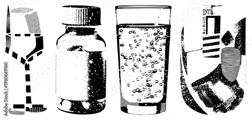 Graphic vector of wine glass, pill bottle, carbonated drink, and hand holding cup, rendered in black and white halftone with geometric shading.