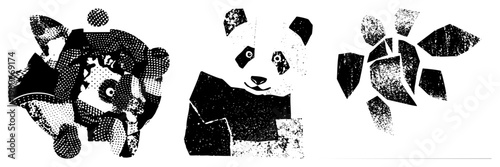 Three stylized panda renditions using halftone and broken geometric shapes, vector art, graphic design elements, isolated cutout illustrations.