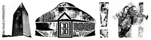 Modern skyscraper, traditional yurt, fragmented buildings, vector art, urban vs nomadic structures, stylized architecture, graphic design elements.