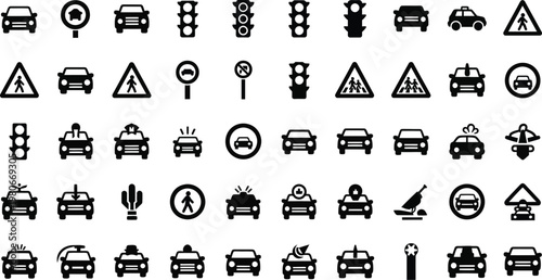 Solid vehicle silhouette and pedestrian warning symbols